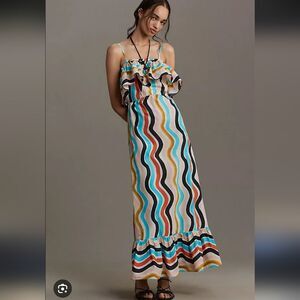 FARM Rio Anthropologie Sleeveless Ruffle Maxi Dress Wavy Striped Maxi Dress M Me